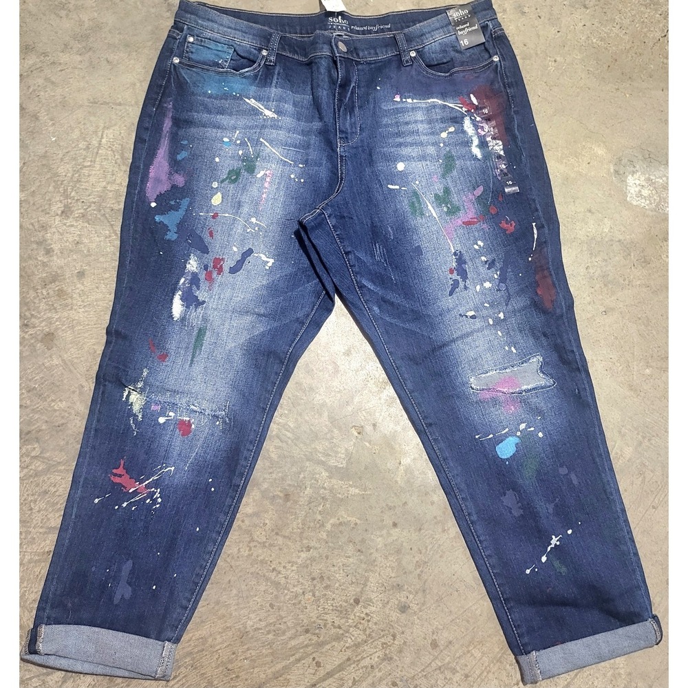 NWT New York & Company Soho Jeans Womens 16 Relaxed Boyfriend Paint Splatter NEW